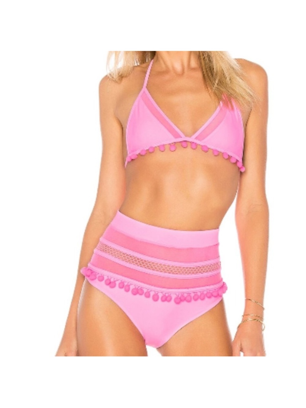 Tularosa Revolve Pink Pom-Trim High-Waisted Bikini Set